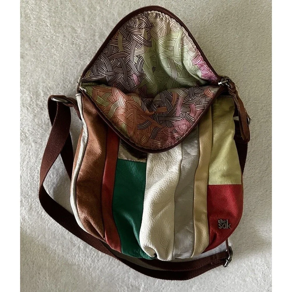 THE SAK Patchwork Multicolor Leather Hobo Crossbody Shoulder Purse Boho Hippie
